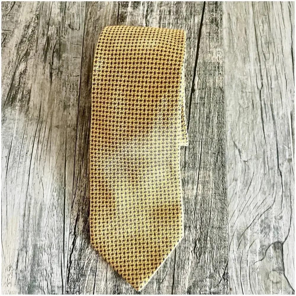 Land’s End 100% Silk Men’s Yellow Tie Geometric Print Textured Vintage Preppy